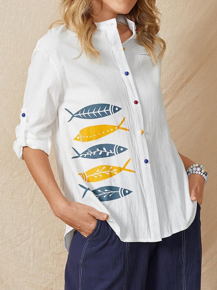 Cartoon Fish Print Button Stand Krage Långärmad Casual Blus För Kvinnor