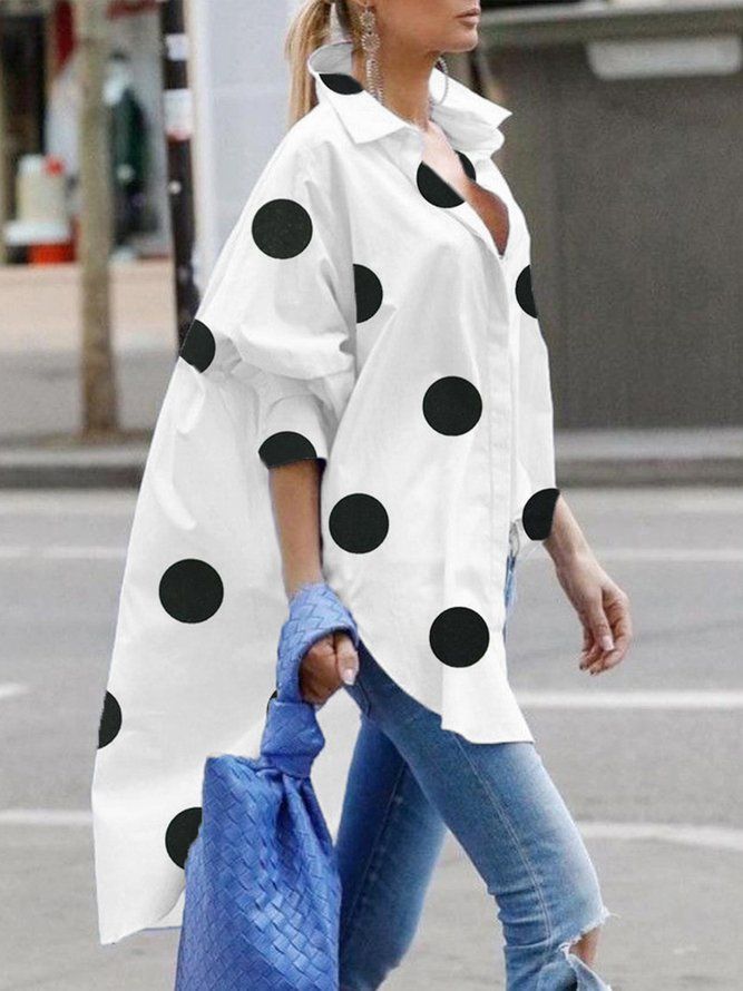 Casual Daily Loose Shirt Collar Polka Dots Blus