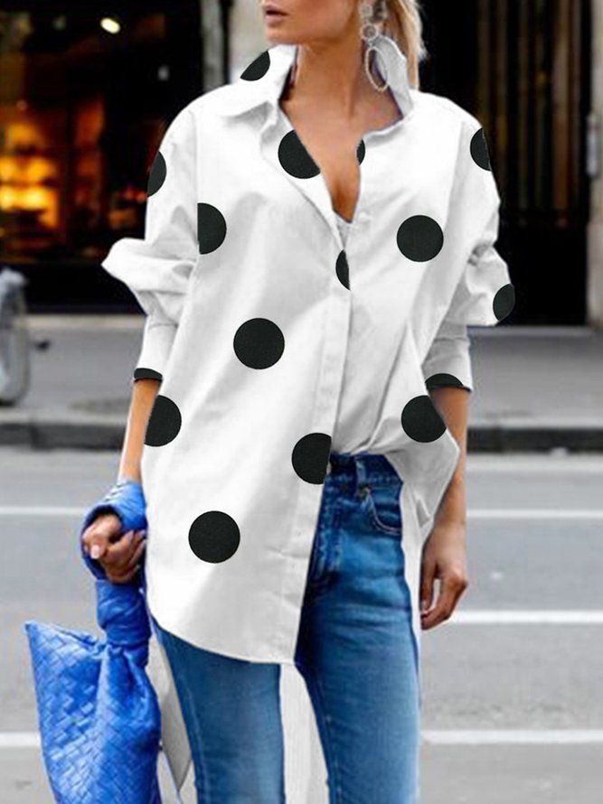 Casual Daily Loose Shirt Collar Polka Dots Blus