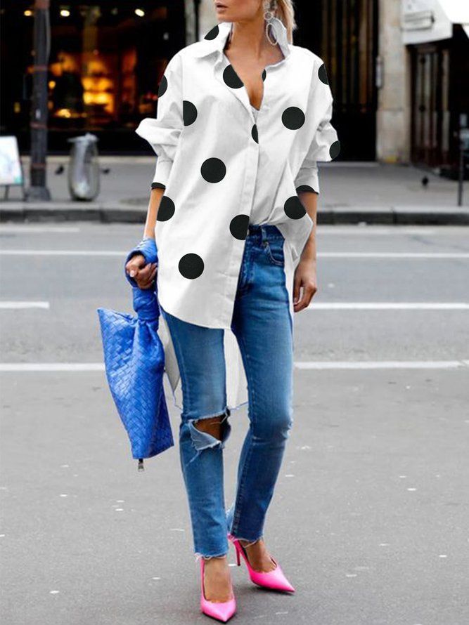 Casual Daily Loose Shirt Collar Polka Dots Blus