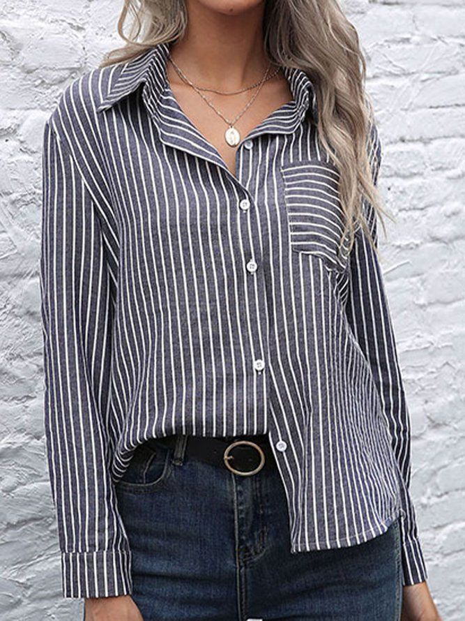 Casual Långärmade Fickor Stripes Topp