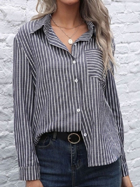 Casual Långärmade Fickor Stripes Topp