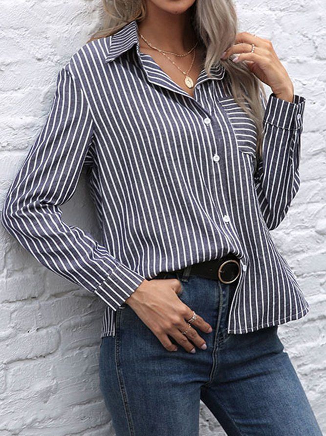 Casual Långärmade Fickor Stripes Topp