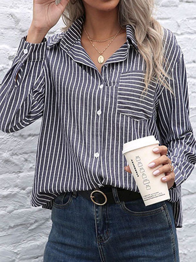 Casual Långärmade Fickor Stripes Topp