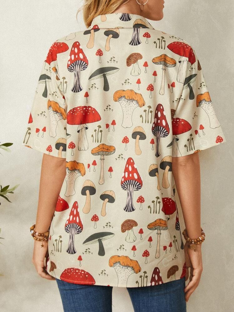 Casual Mushroom Print Lapel Collar Half Sleeve Button Blus för kvinnor