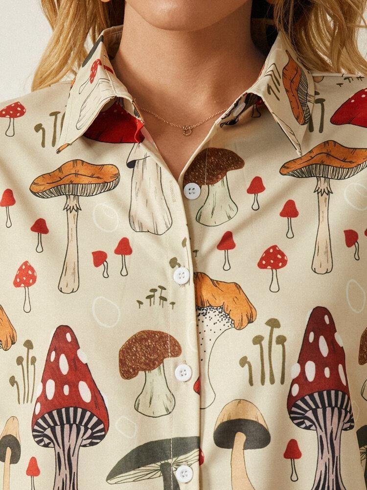 Casual Mushroom Print Lapel Collar Half Sleeve Button Blus för kvinnor