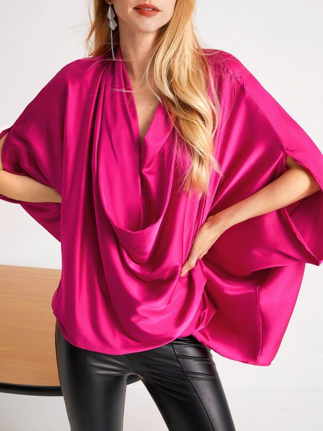 Casual Solid Cowl Neck Half Sleeve Top