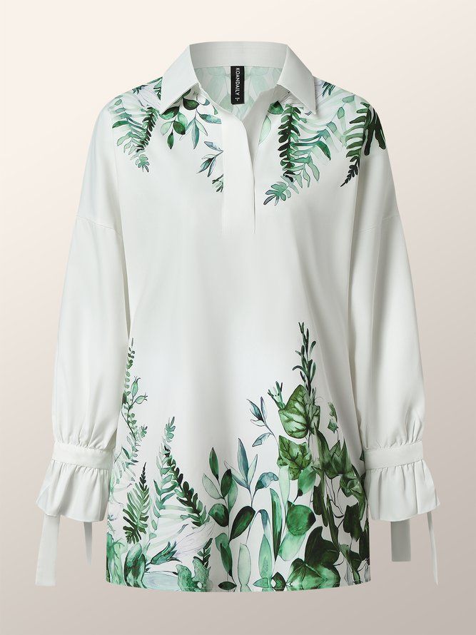 Daily Leaf Printed Long Leeve Shirt Collar Bluuse