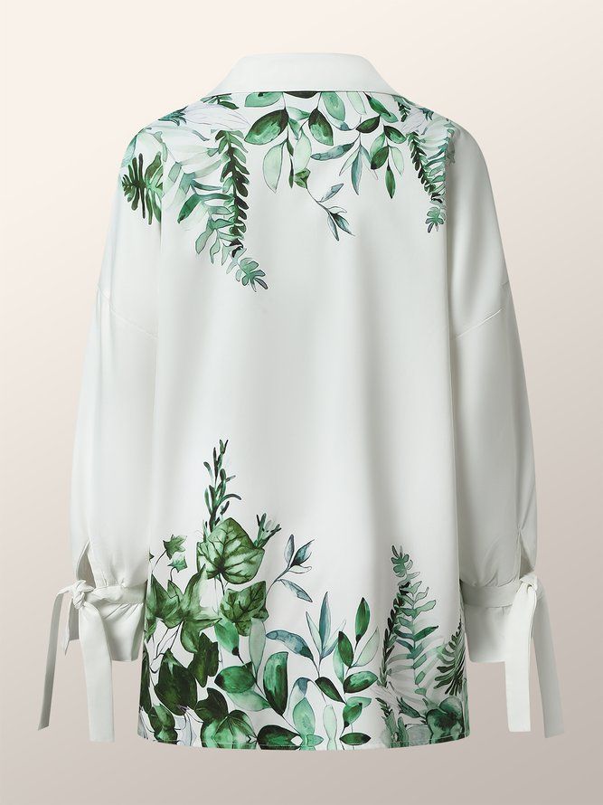 Daily Leaf Printed Long Leeve Shirt Collar Bluuse