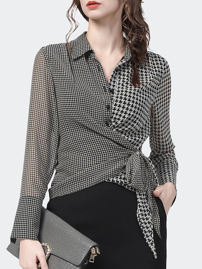 Elegant Houndstooth Långärmad Blus Med Krage