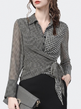 Elegant Houndstooth Långärmad Blus Med Krage