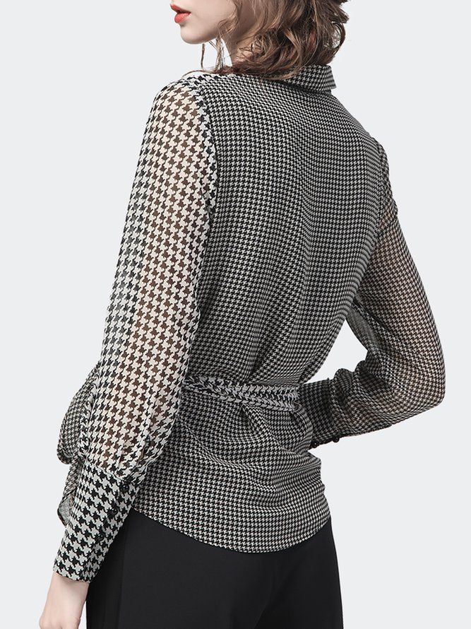 Elegant Houndstooth Långärmad Blus Med Krage