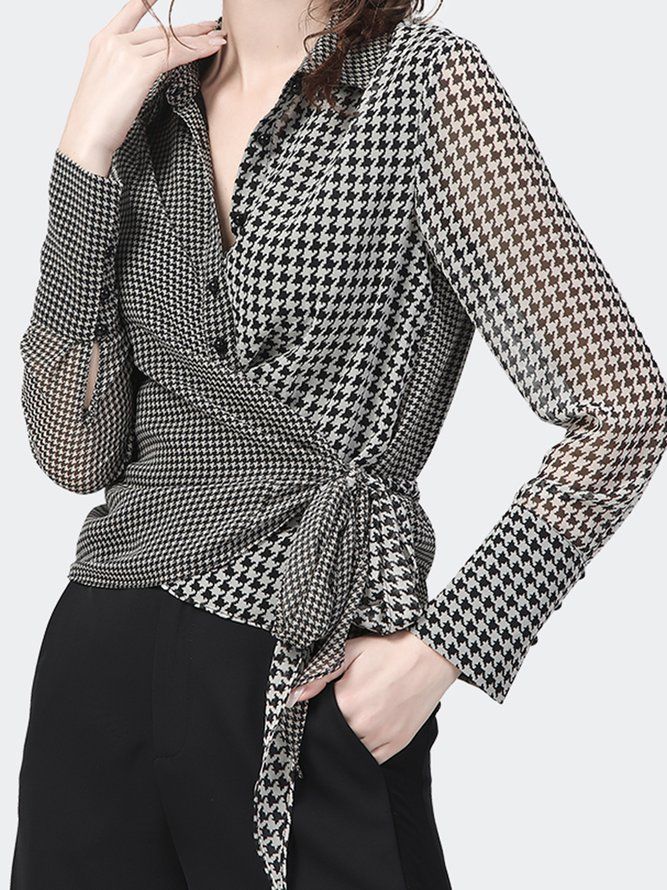 Elegant Houndstooth Långärmad Blus Med Krage