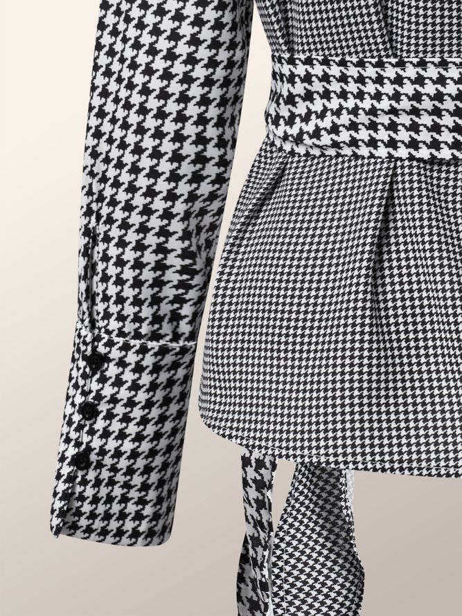 Elegant Houndstooth Långärmad Blus Med Krage