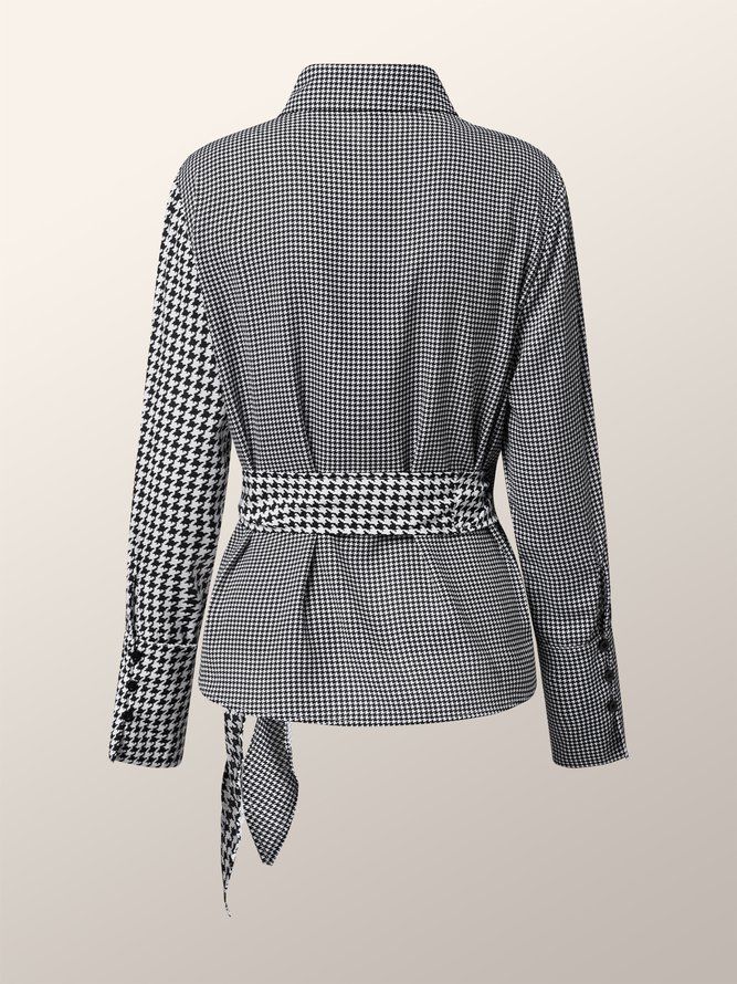 Elegant Houndstooth Långärmad Blus Med Krage