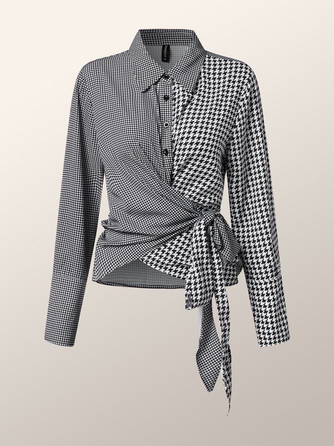 Elegant Houndstooth Långärmad Blus Med Krage