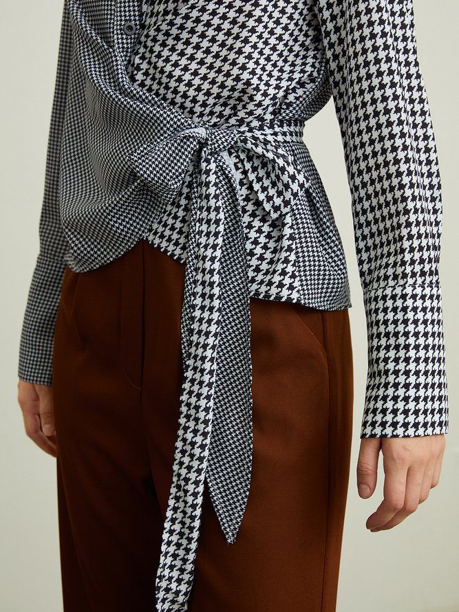 Elegant Houndstooth Långärmad Blus Med Krage