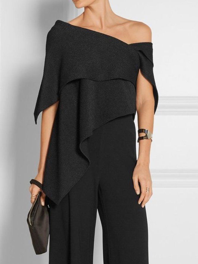 Elegant Solid Off The Shoulder Asymmetrisk Design Svart Topp