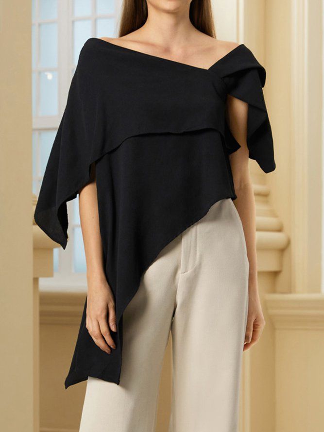 Elegant Solid Off The Shoulder Asymmetrisk Design Svart Topp