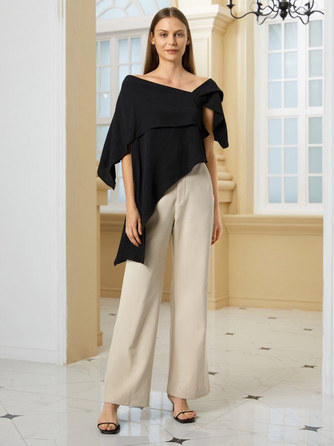 Elegant Solid Off The Shoulder Asymmetrisk Design Svart Topp