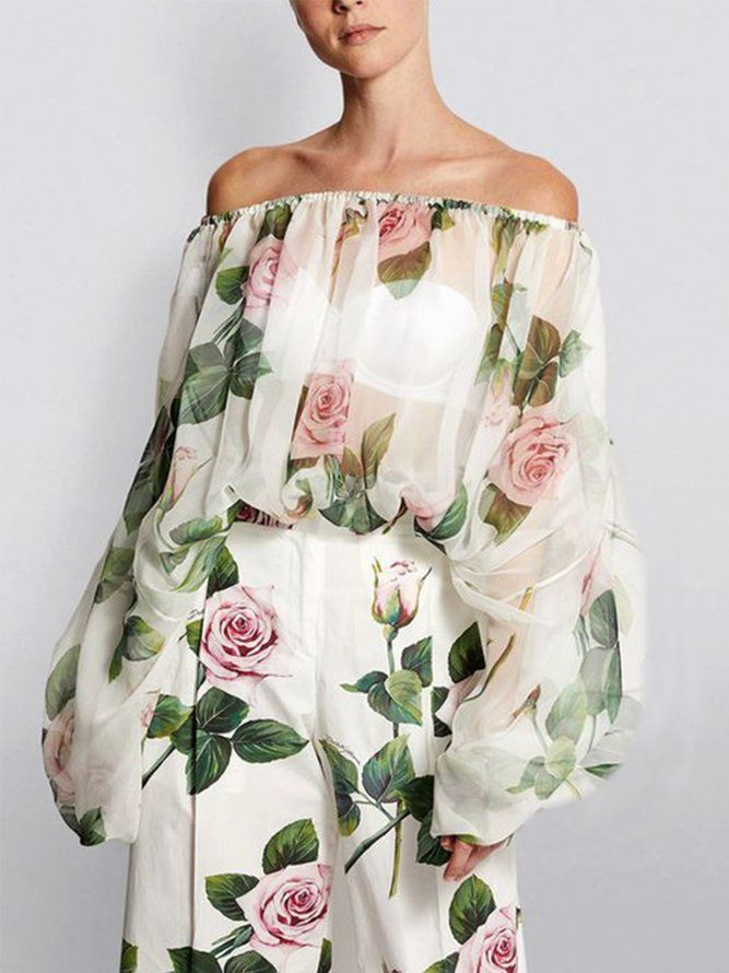 Floral Vacation Bishop Sleeve Off The Shoulder Långärmad Topp