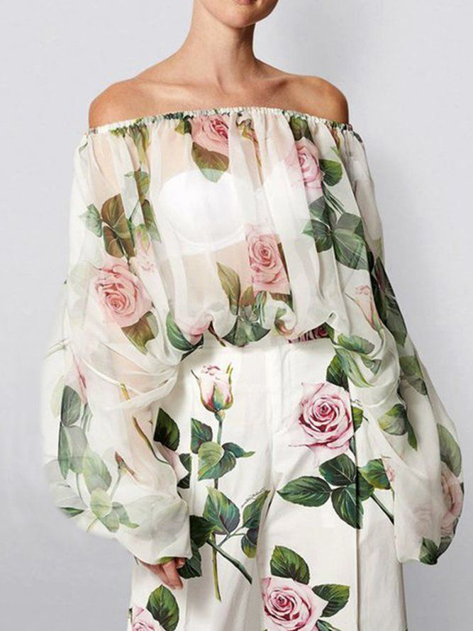 Floral Vacation Bishop Sleeve Off The Shoulder Långärmad Topp