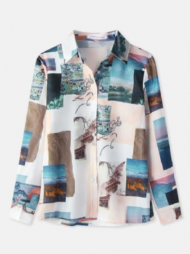 Kvinnor Block Landscape Print Långärmad Lapel Casual Blus