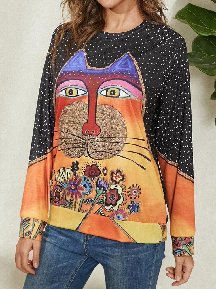 Kvinnor Cartoon Cat Spot Print Rundhalsad Casual Raglan Sleeve Blusar