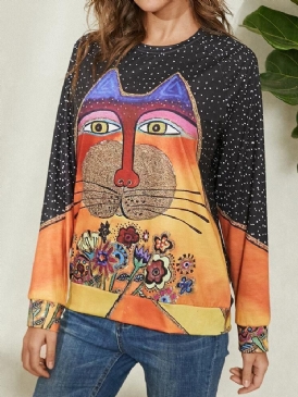 Kvinnor Cartoon Cat Spot Print Rundhalsad Casual Raglan Sleeve Blusar