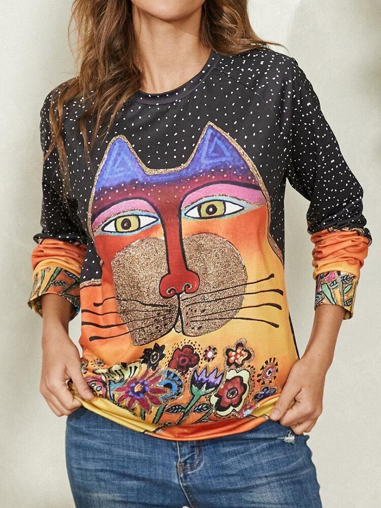 Kvinnor Cartoon Cat Spot Print Rundhalsad Casual Raglan Sleeve Blusar