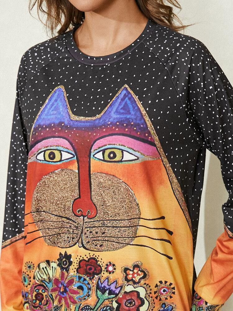 Kvinnor Cartoon Cat Spot Print Rundhalsad Casual Raglan Sleeve Blusar