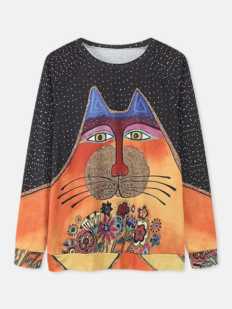 Kvinnor Cartoon Cat Spot Print Rundhalsad Casual Raglan Sleeve Blusar