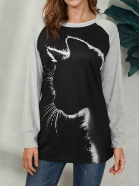 Kvinnor Cat Print Rundhalsad Casual Raglan Ärm Blusar