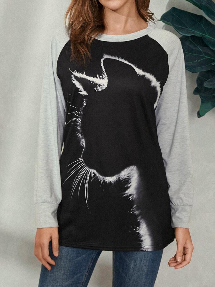 Kvinnor Cat Print Rundhalsad Casual Raglan Ärm Blusar