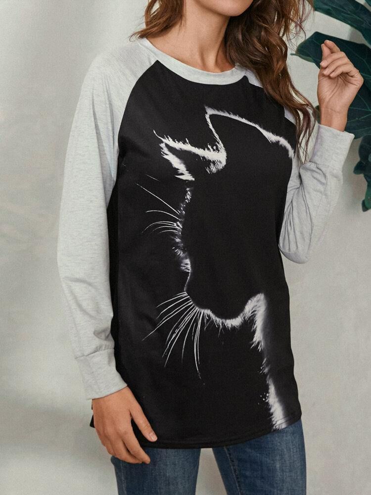 Kvinnor Cat Print Rundhalsad Casual Raglan Ärm Blusar