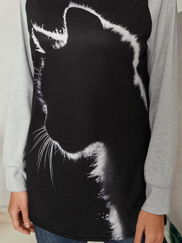 Kvinnor Cat Print Rundhalsad Casual Raglan Ärm Blusar