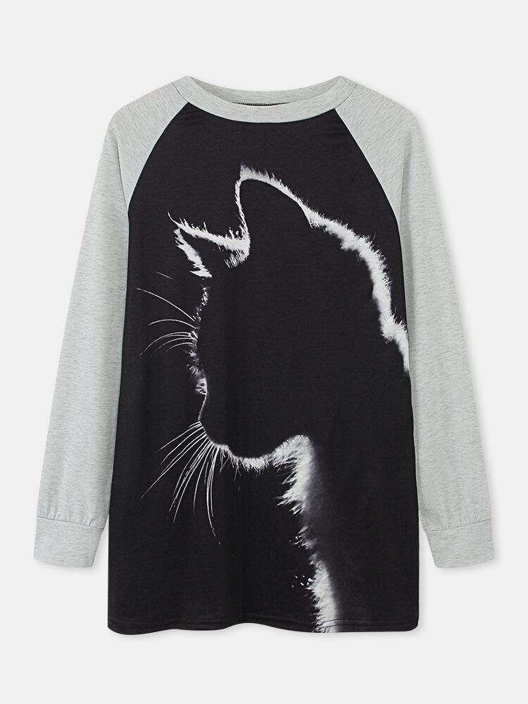 Kvinnor Cat Print Rundhalsad Casual Raglan Ärm Blusar