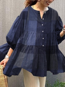 Kvinnor Rutig Button Up Ruffle Halv Ärm Lösa Casual Blusar