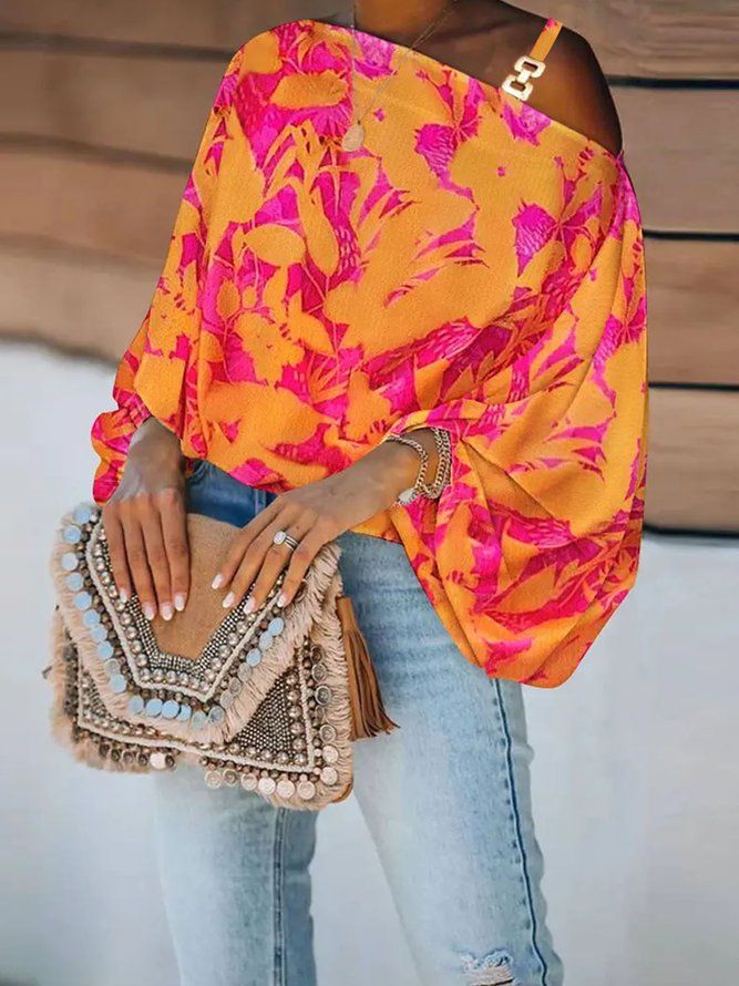 Orange Daily Floral Elegant Lantern Sleeve Loose Top