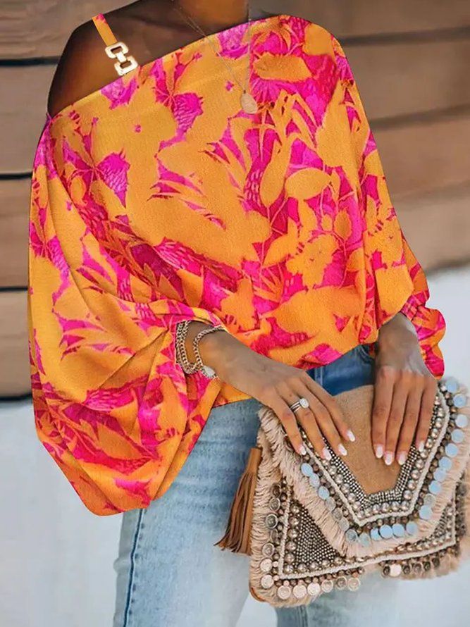 Orange Daily Floral Elegant Lantern Sleeve Loose Top