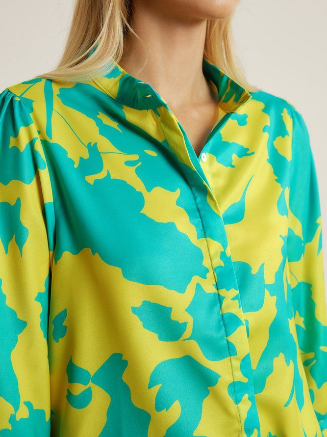 Sommar Lättvikts Regular Fit Blommig Stand Collar Kortärmad Daily Blus