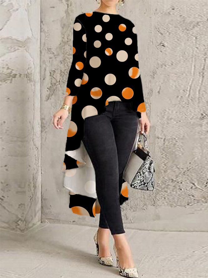 Urban Crew Neck Polka Dots Långärmad Oregelbunden Blus