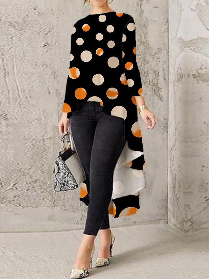 Urban Crew Neck Polka Dots Långärmad Oregelbunden Blus