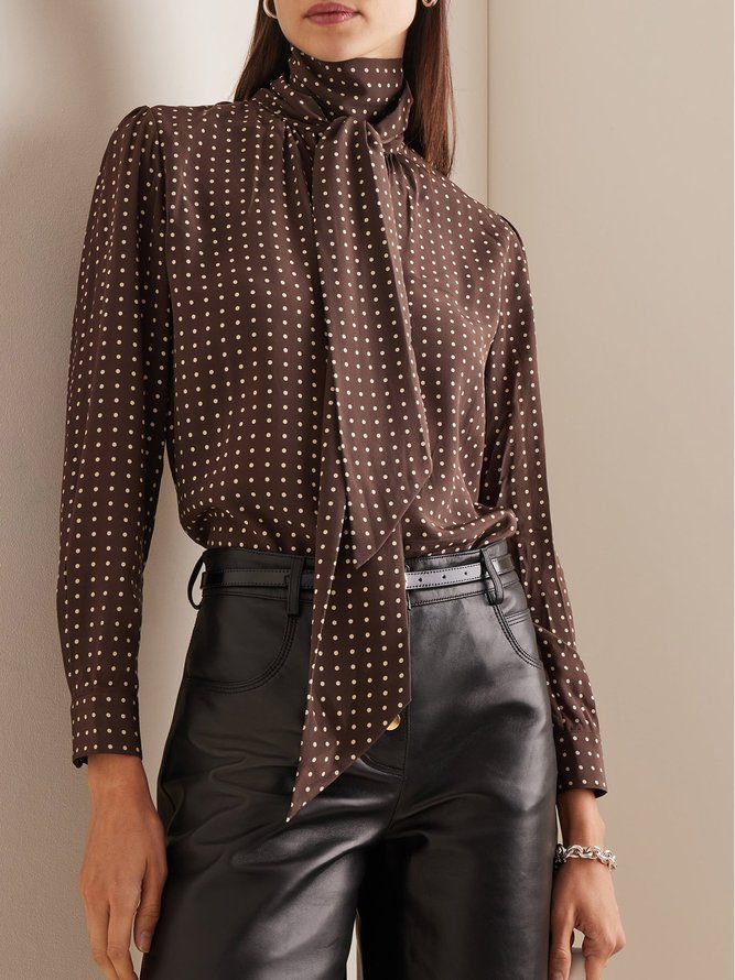 Urban Stand Collar Polka Dots Bow Blus