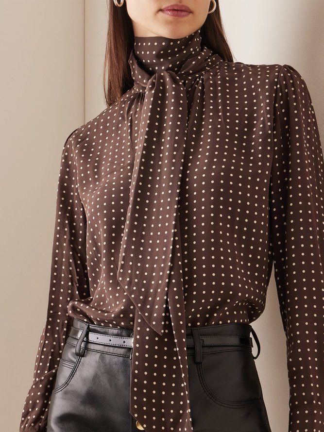 Urban Stand Collar Polka Dots Bow Blus