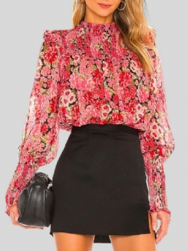 Vacation Lantern Sleeve Stand Collar Floral Blus