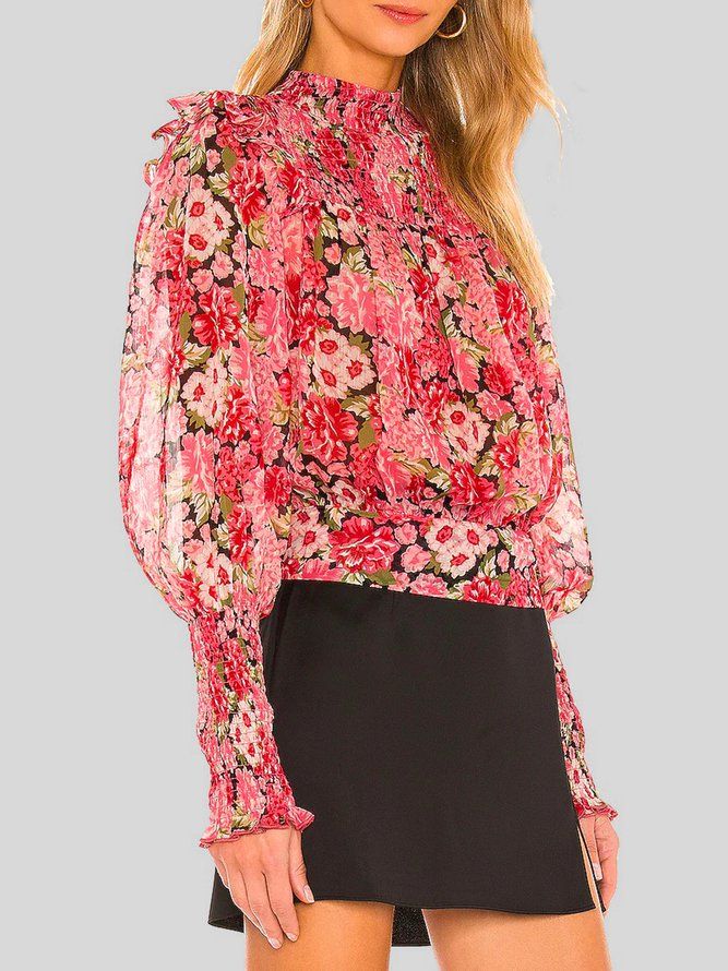 Vacation Lantern Sleeve Stand Collar Floral Blus