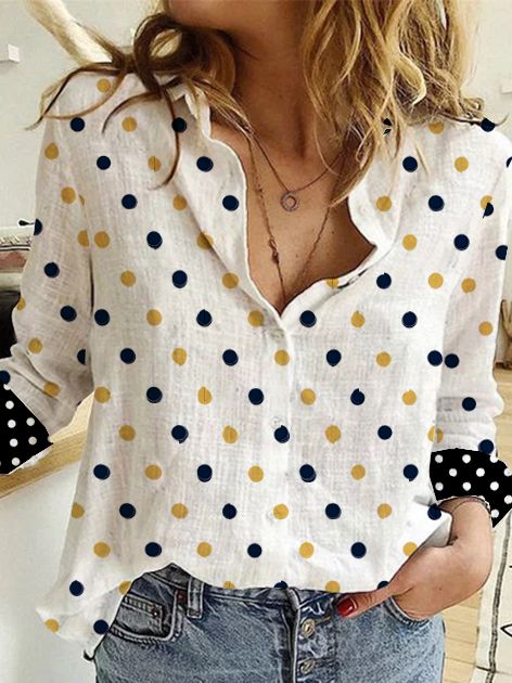 Vintage Skjorta Krage Bomull Polka Dots Blus