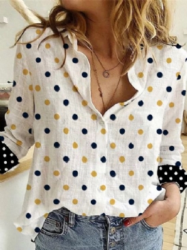 Vintage Skjorta Krage Bomull Polka Dots Blus