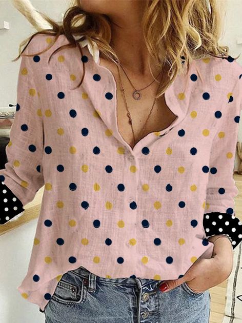 Vintage Skjorta Krage Bomull Polka Dots Blus